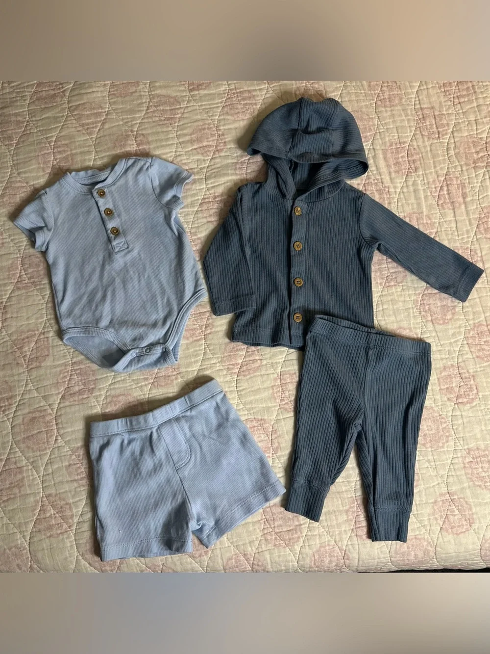 2 Blue Ribbed Two-Piece Sets with Wood Like Button Details in Slate & Light Blue
